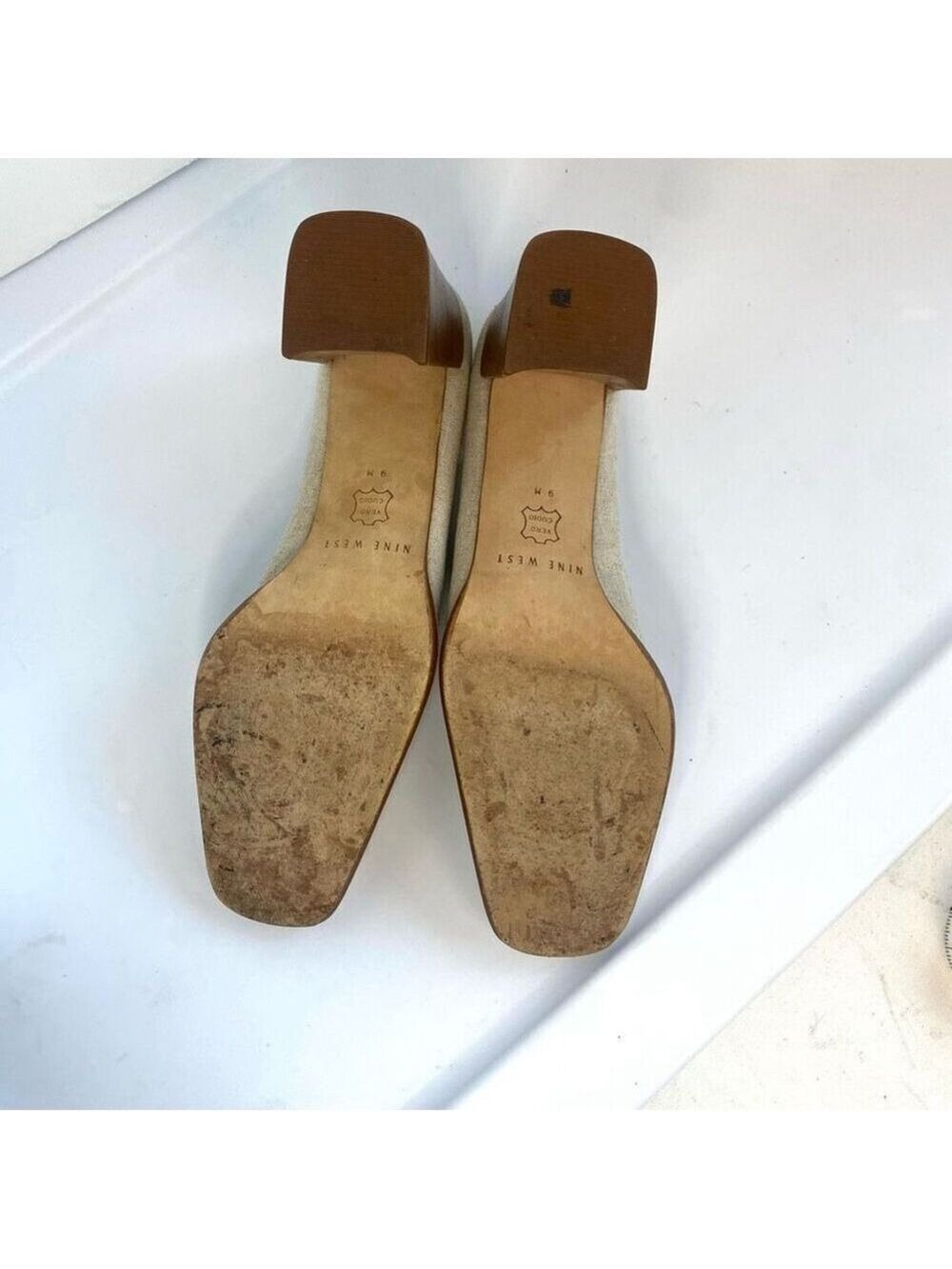 Nine West Beige Tan Linen Like Fabric Shoes Pump Square Toe Wood Block Heel Wome - Picture 5 of 11